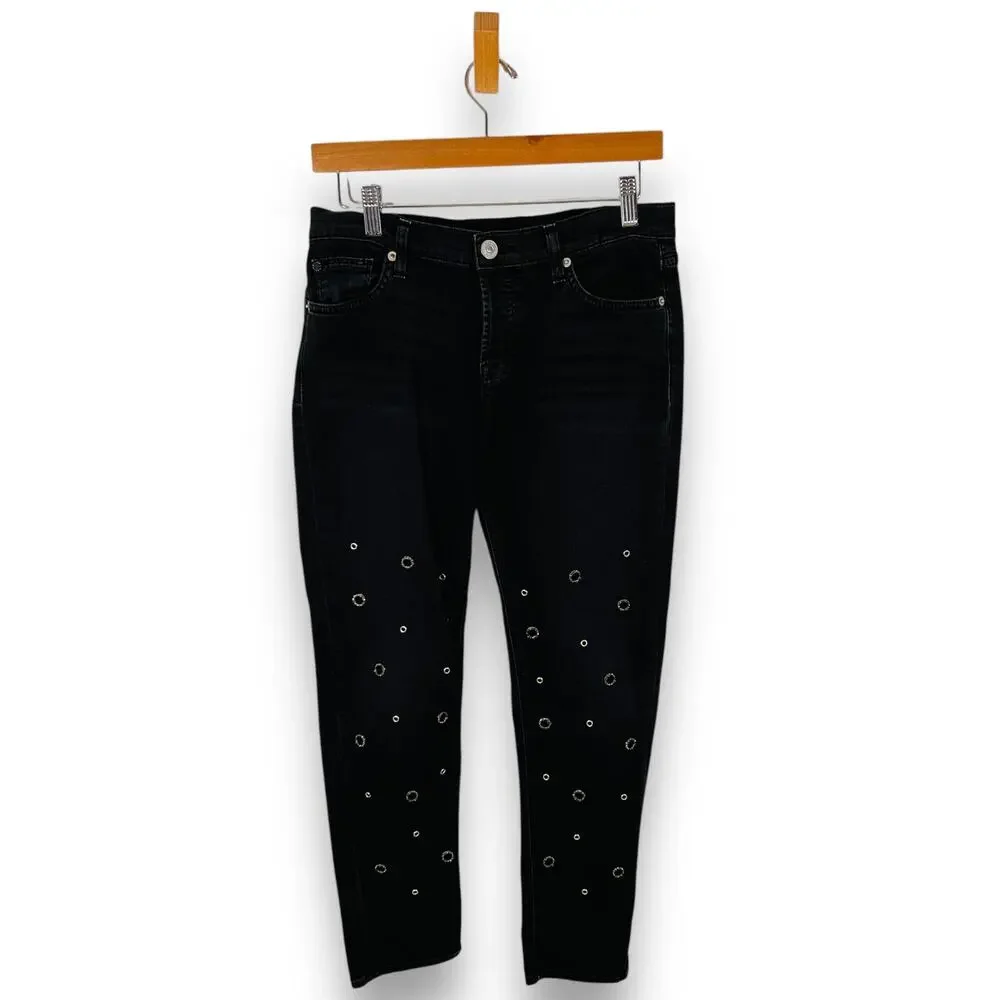 Hudson Jeans Riley Crop Straight Jeans 26 Black Stud Stars Grommet Stretch Denim
